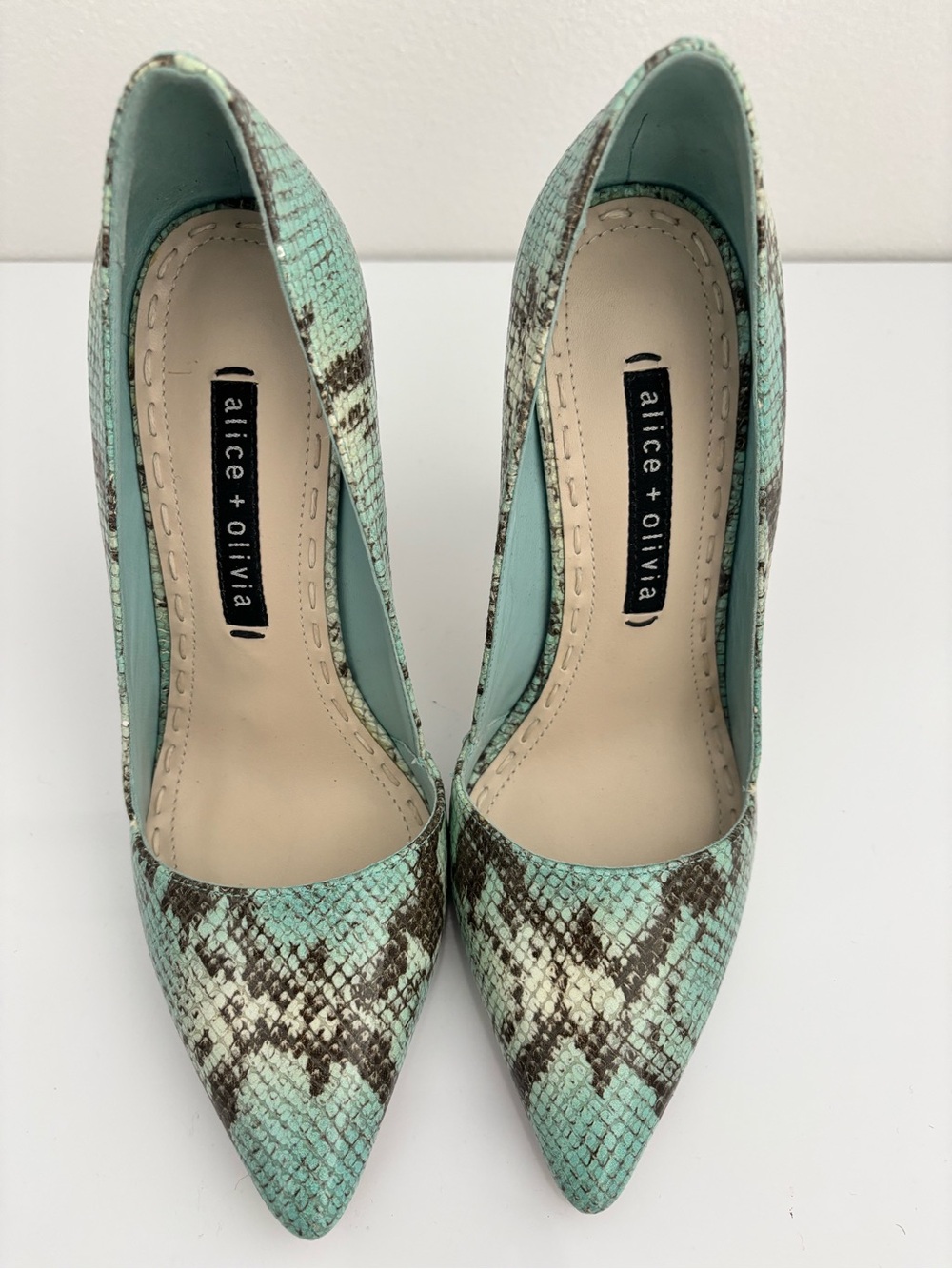 Alice + Olivia Mint and Brown Snakeskin Stiletto Pumps